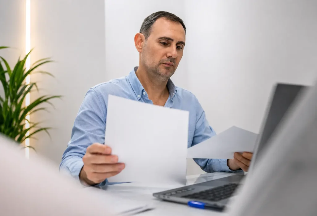 Javier revisando un informe de posicionamiento en Google junto a su portátil