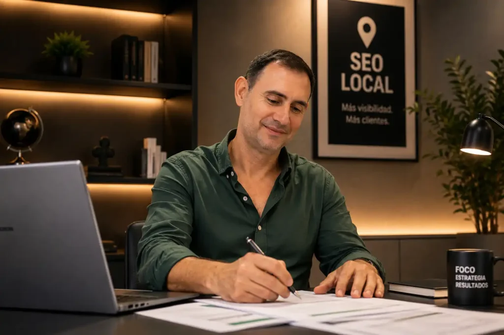 Consultor de SEO local preparando por escrito una estrategia de posicionamiento para un negocio de barrio